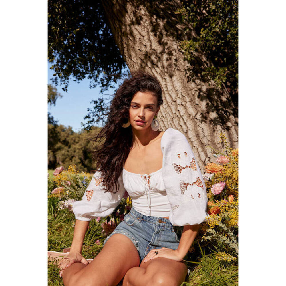 Lulus Summery Scene White Linen Crochet Puff Sleeve Crop Top - Size S